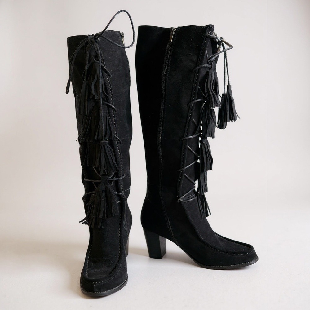 Joyfolie‎ Cheyne Boots 10 Black Suede Tassel Lace Up Boho Whimsigoth